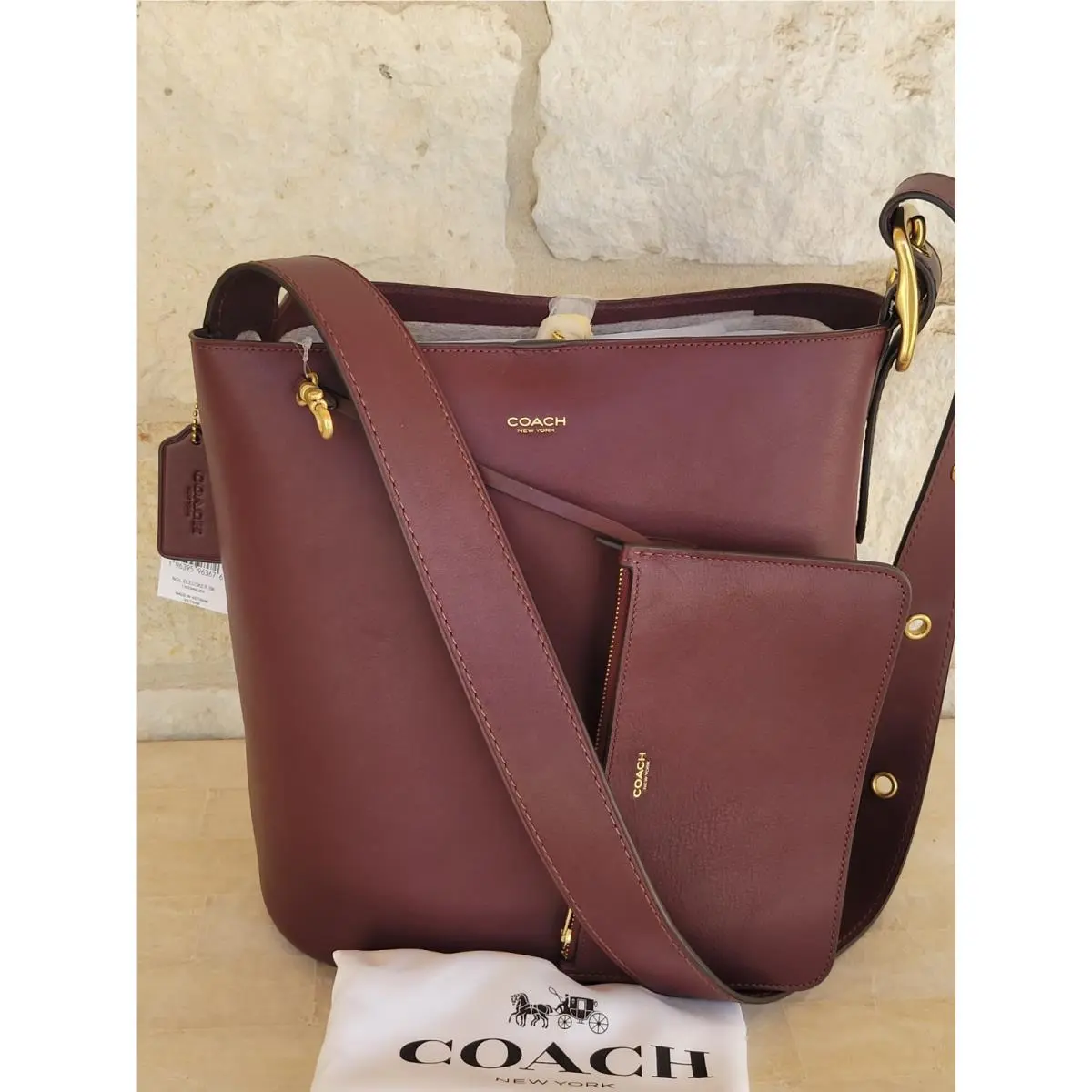 Coach Bleecker Medium Leather Bucket Bag Brass/merlot In Full Grain Leather