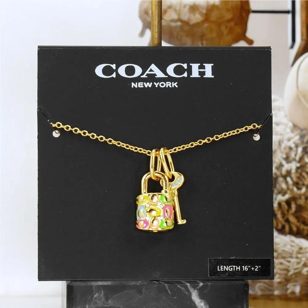 Coach Signature Rainbow Padlock Lock Key Necklace Gold Tone