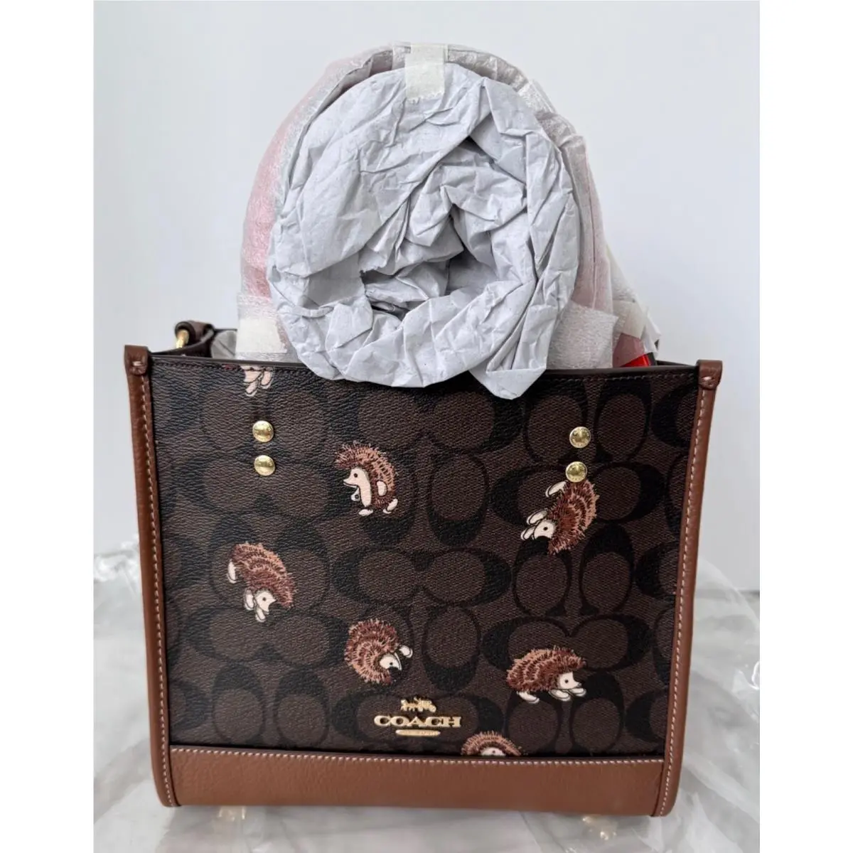 Coach Dempsey Tote Bag 22 in Signature Canvas with Hedgehog Print Brown Black