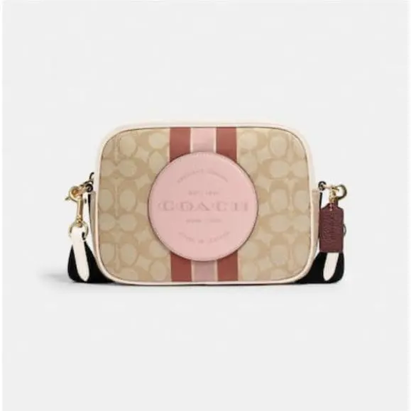 Coach Dempsey Camera Crossbody Sig Jacquard Stripe Patch Powder Pink Multi