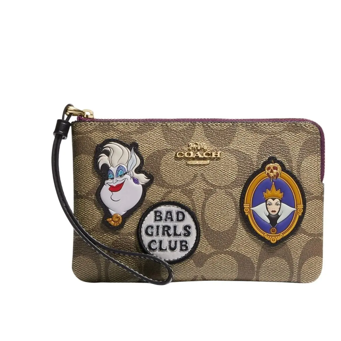 Disney X Coach Corner Zip Wristlet Signature Canvas Patches Evil Queen Ursula