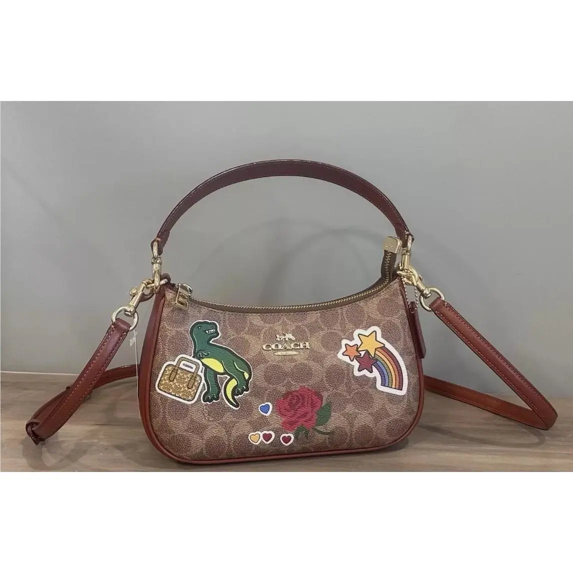 Coach CV939 Teri Shoulder Bag In Signature Canvas with Sticker Print Tan Multi