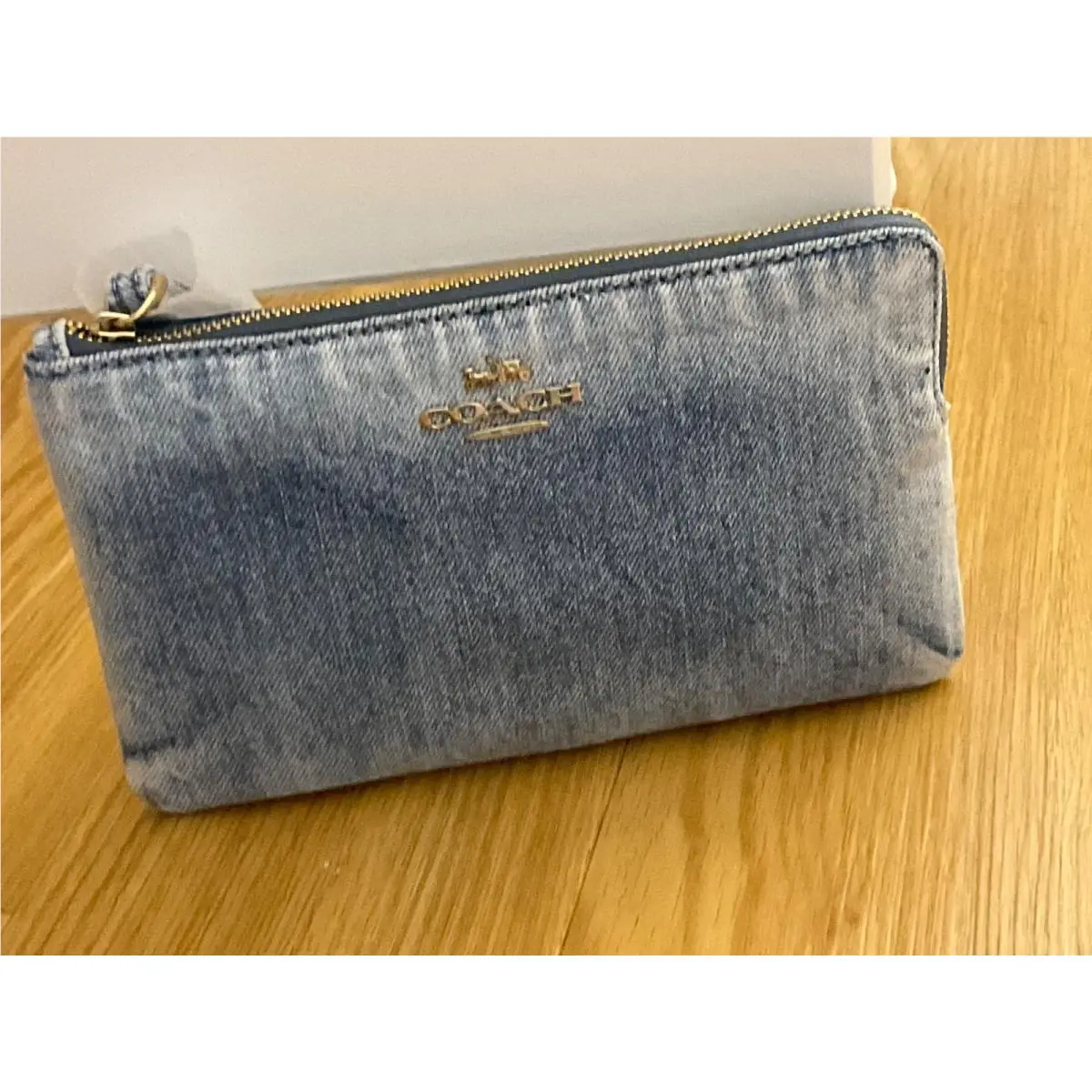 Coach Large Corner Zip Wristlet In Loved Denim Gold/light Indigo CEF68