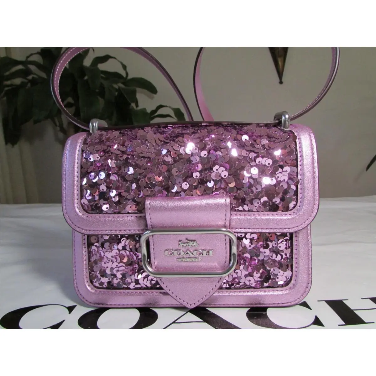 Coach Sequins Metallic Calf Leather Morgan Square Crossbody CQ557 Lilac
