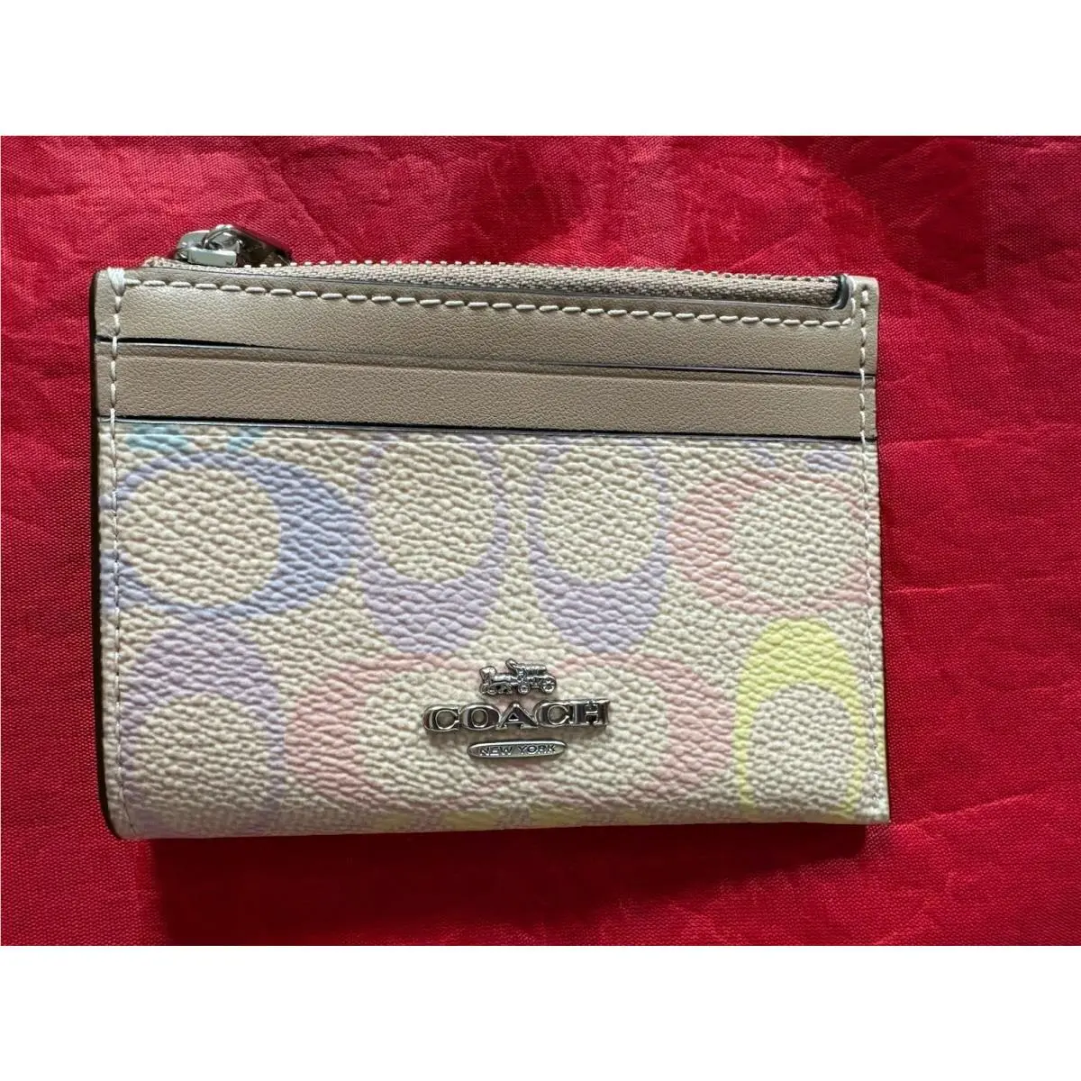 Coach Signature Canvas Pastel Rainbow Mini Id/coin Case W/key Ring