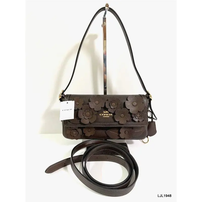 Coach Etta Leather Flap Shoulder Bag with Leather Floral Applique Maple