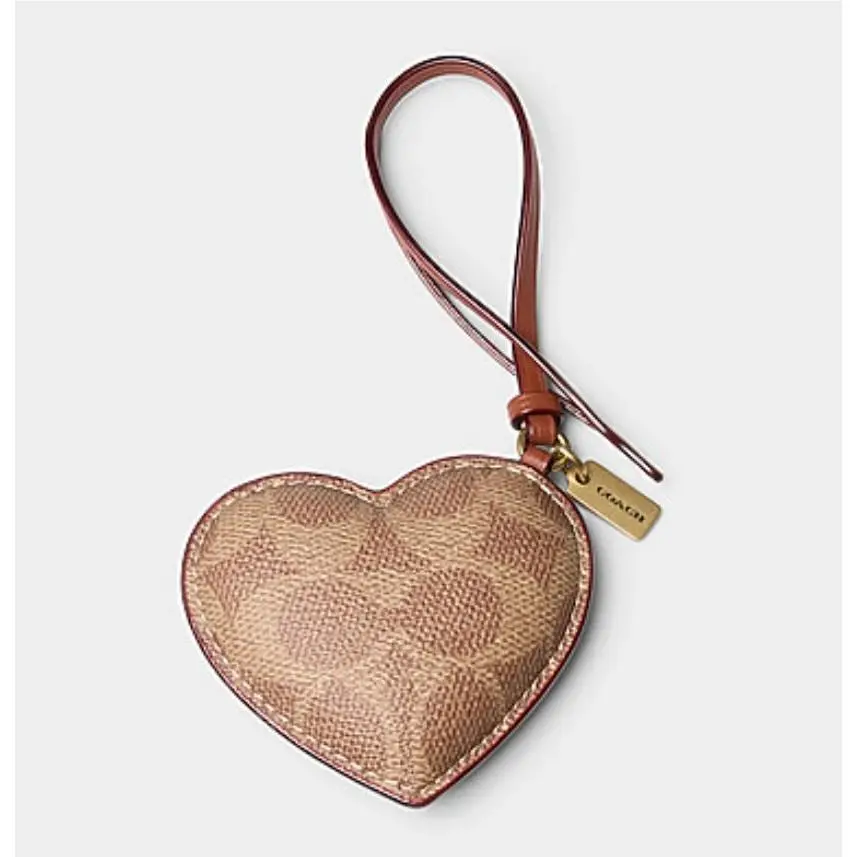 Coach Puffy Heart Bag Charm Signature Canvas Tan Brown Leather Keycha