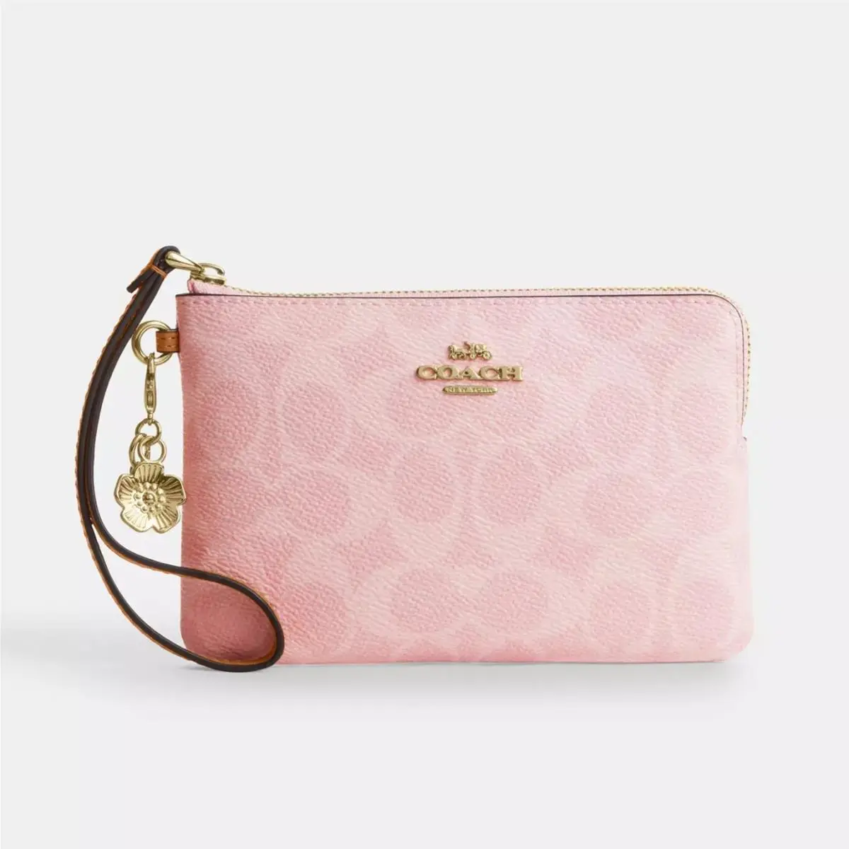 Corner Zip Wristlet in Signature Canvas in Melon Pink with Charm by Coach