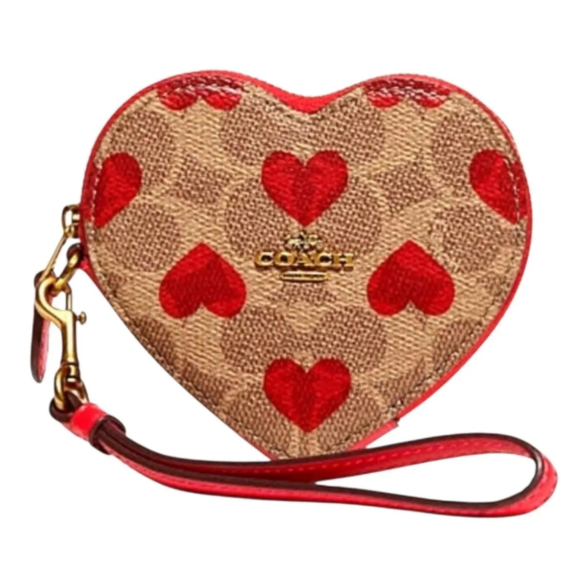 Coach Coin Case Wristlet Signature Canvas Heart Print Red Tan Zip
