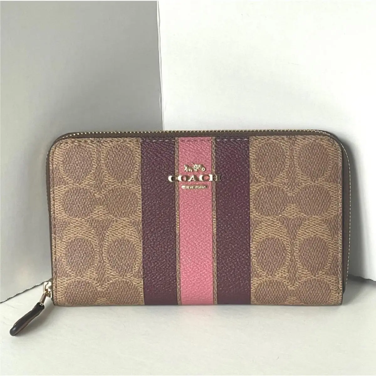 Coach Medium Zip Wallet CBO79 Brown Signature Canvas Varsity Stripe ID
