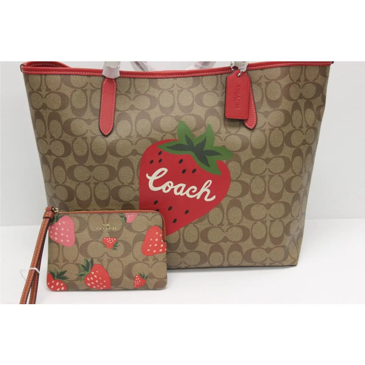 Coach Sig Canvas City Tote in Wild Strawberry Khaki Electric Red w/ Wristlet