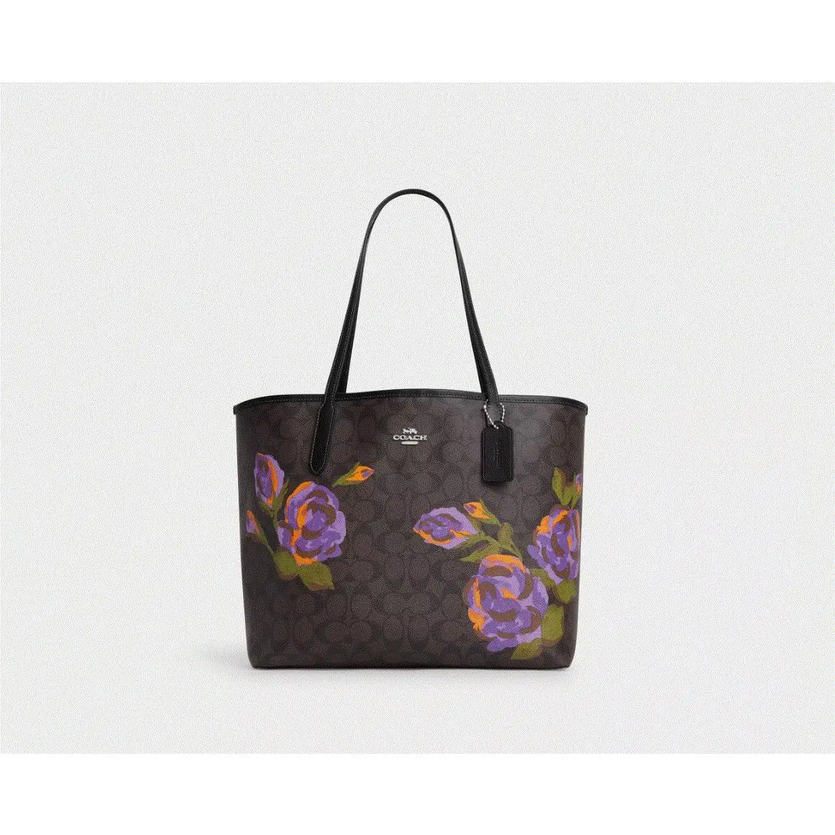 Coach City Tote Bag In Signature Canvas with Rose Print Leather