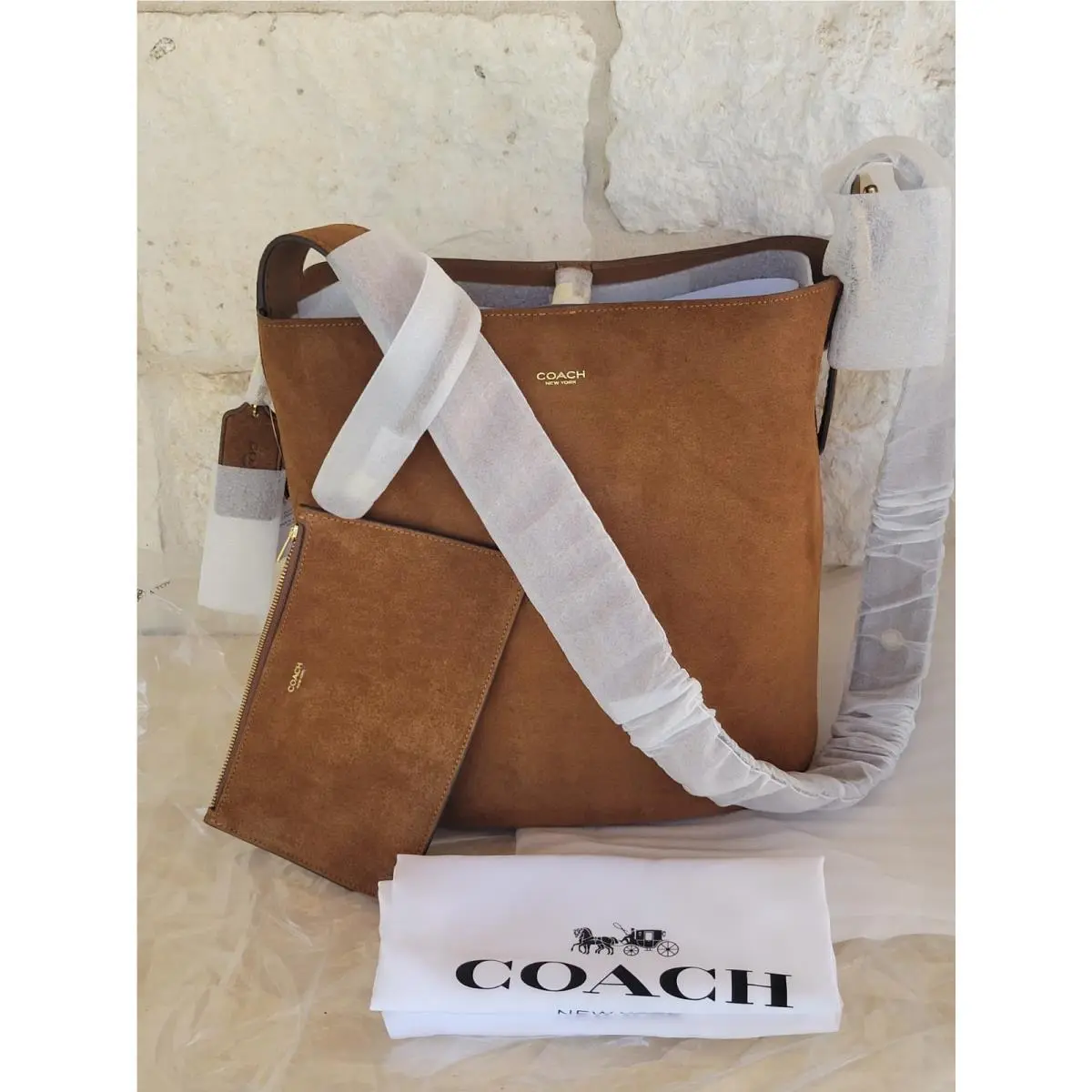 Coach Bleecker Medium Suede Bucket Bag Brass/warm Brown In Package