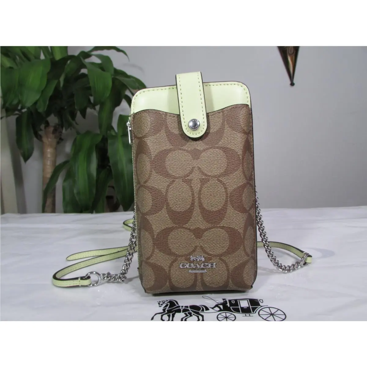 Coach North/south Phone Crossbody In Signature Canvas C7397 Khaki/pale Lime