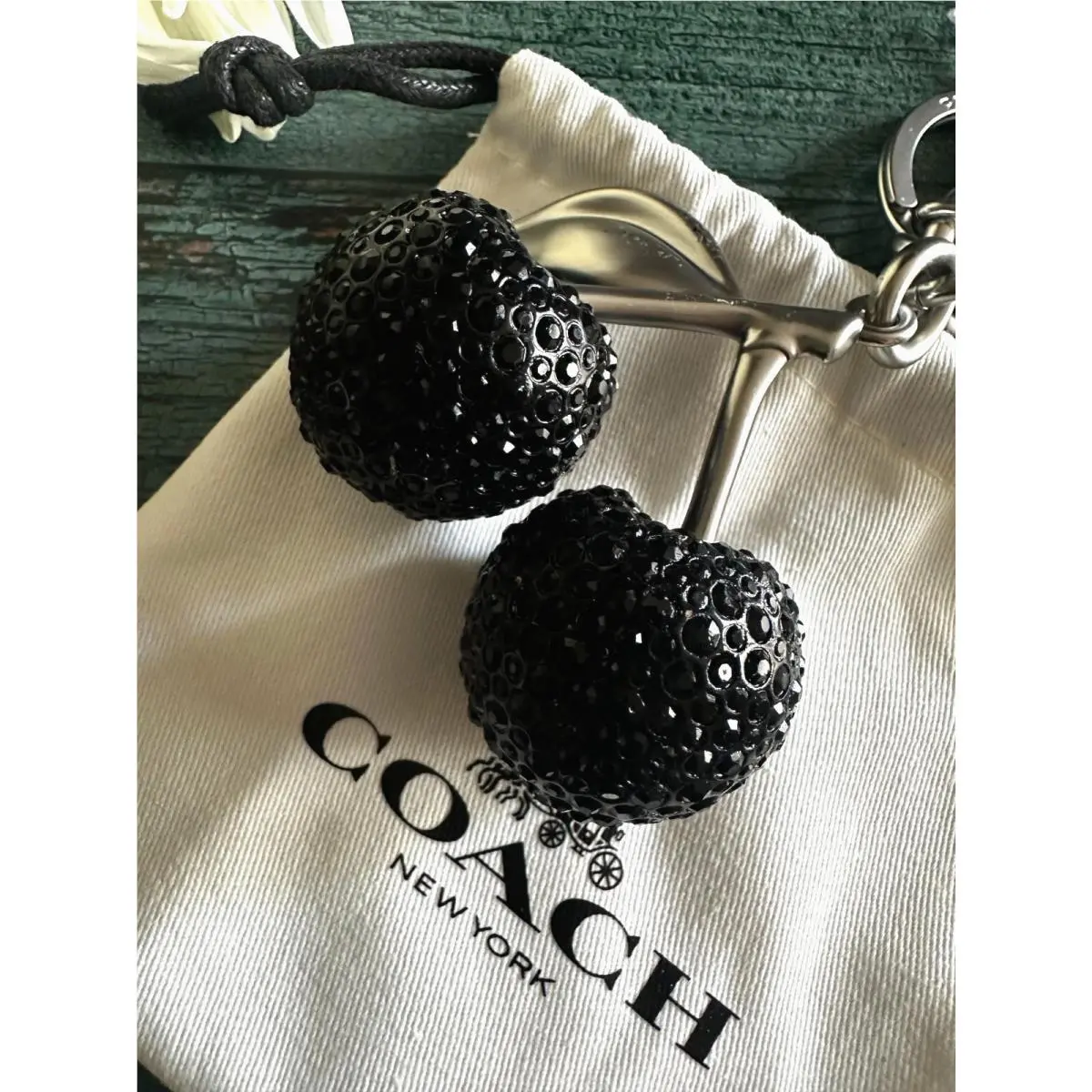 Coach Black Crystal Cherry Bag Charm Silver Rhinestone Keycha
