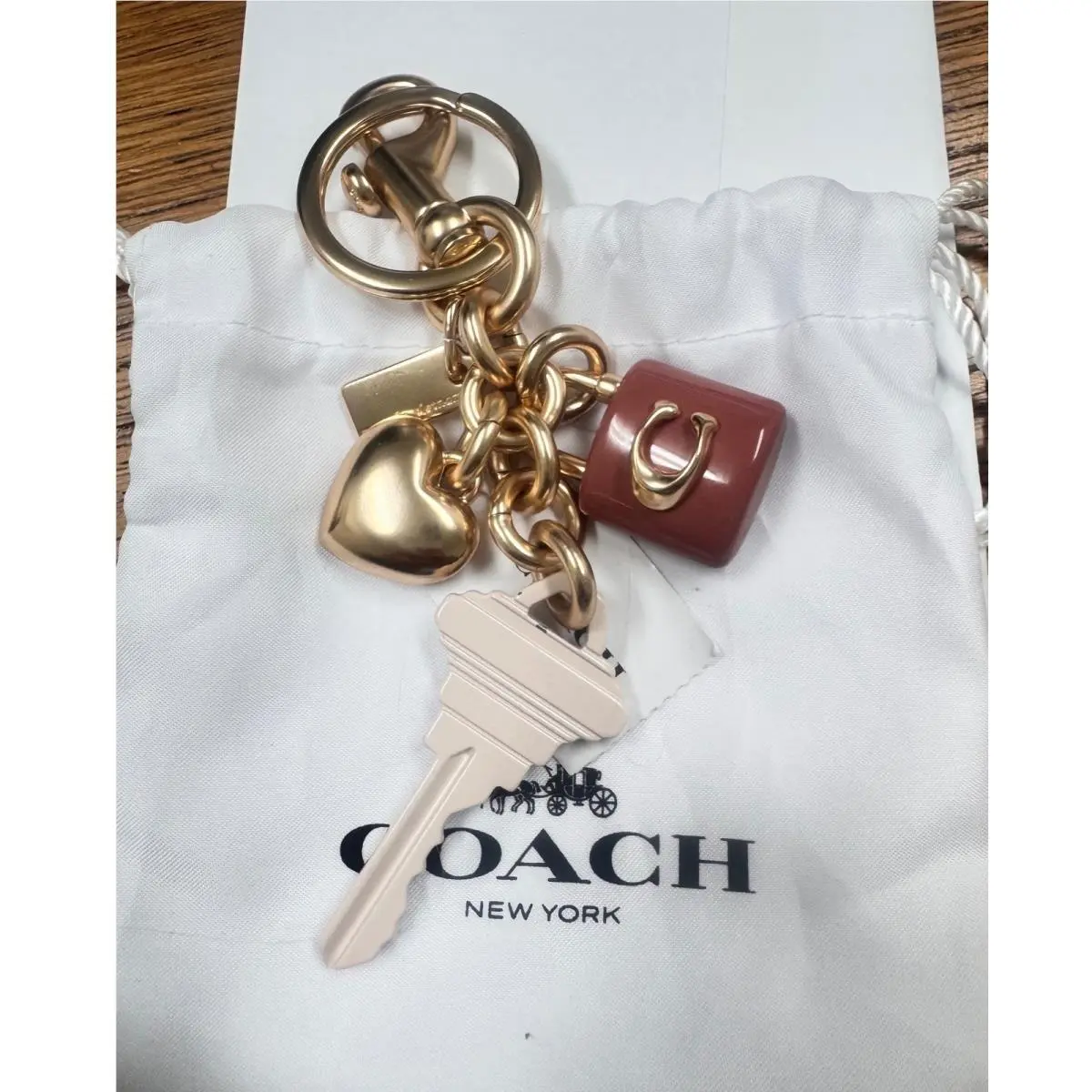 Coach Multi Charm Key Ring Gold Rose Heart Padlock Key Bag Charm