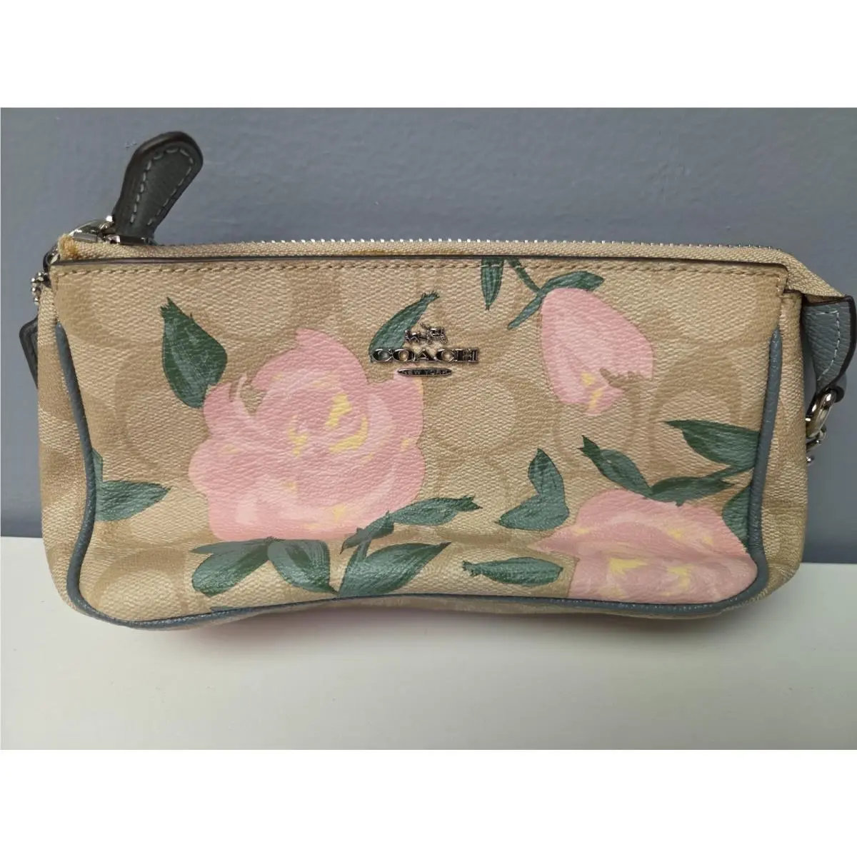 Coach Camo Rose Large Wristlet Khaki Pink Green