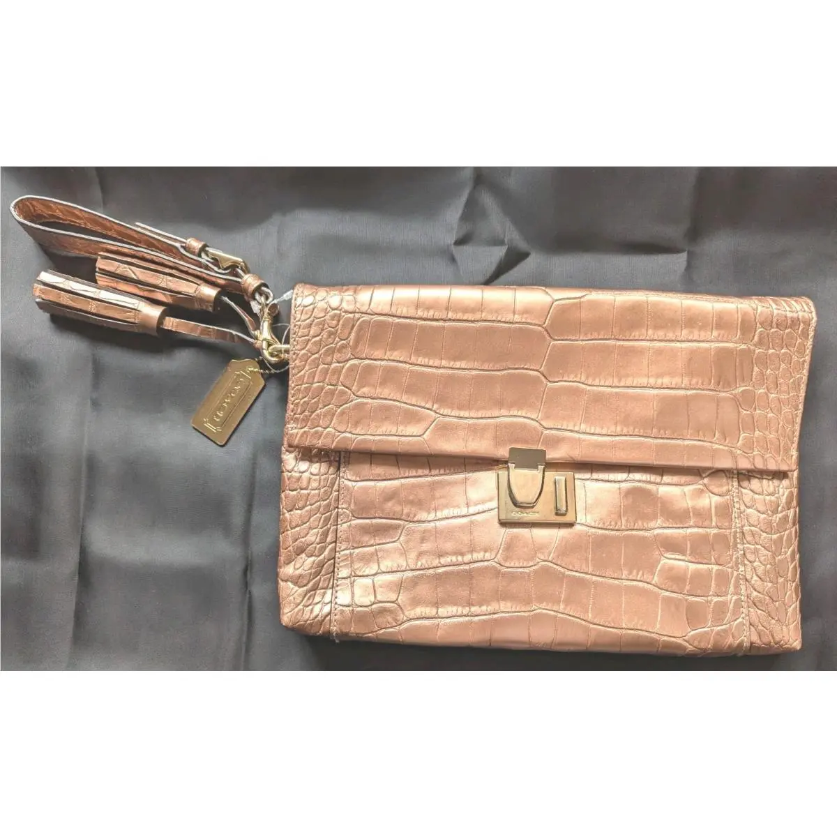 Coach Legacy Liquid Rose Gold Croc Embossed Leather Lock Clutch Bag Nwot