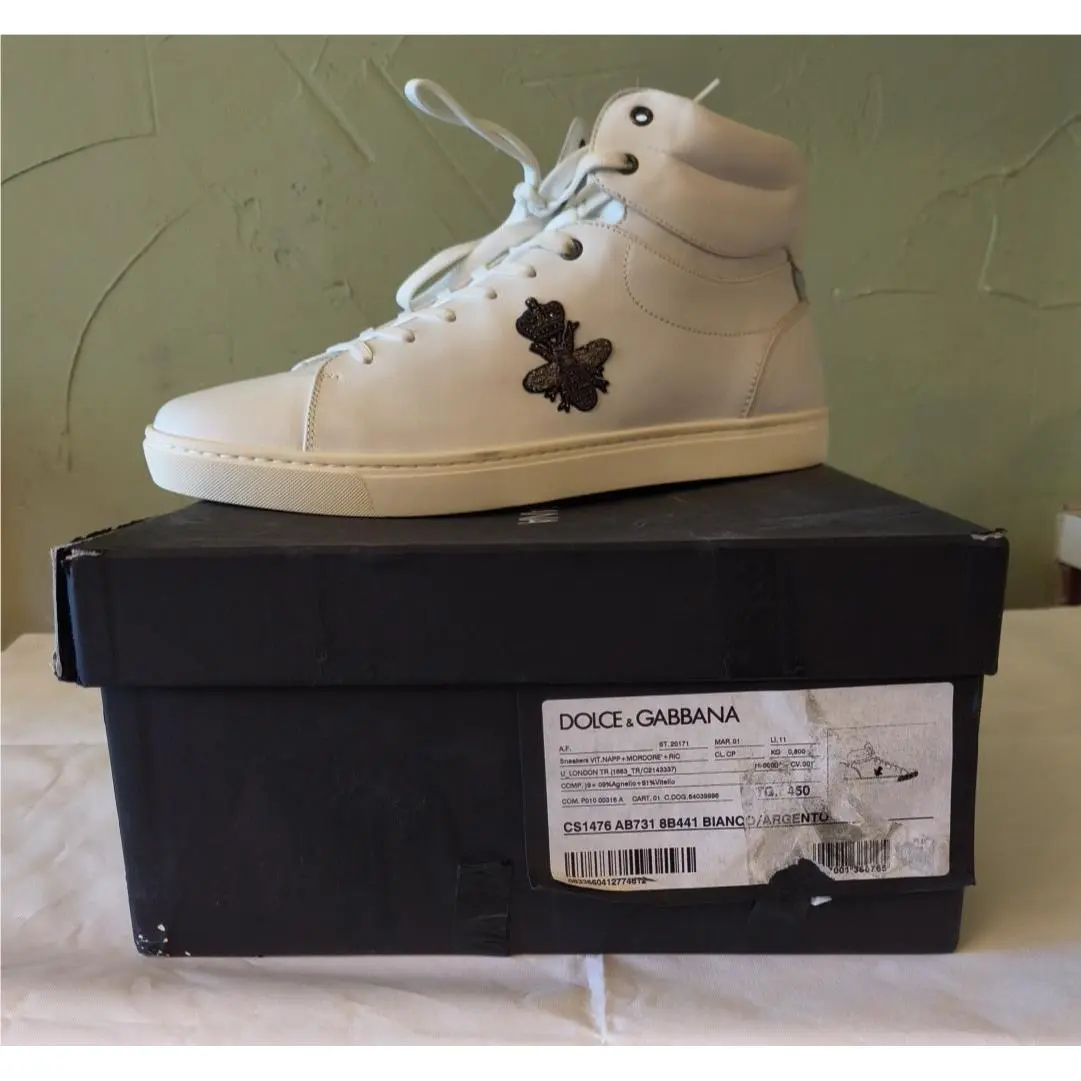 Dolce Gabbana Men`s London Bee and Crown White High-top Sneakers Size 11