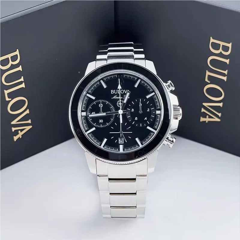 Bulova Marin Star C 96B272 Black Dial Silver Tone Men`s Quartz Watch 45mm