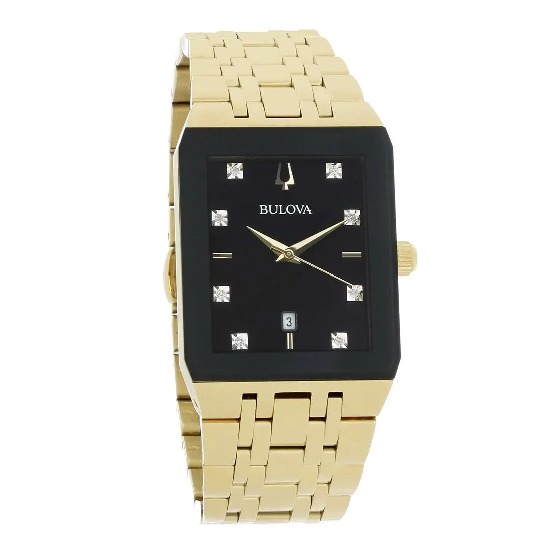 Bulova Men`s Modern Diamond Gold Tone Black Dial Quartz Watch 97D118 - Face: Black, Dial: Black, Band: Gold