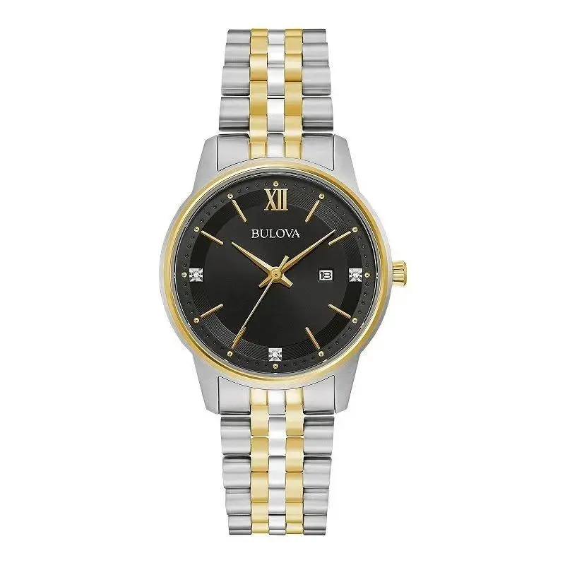 Bulova Women`s Watch 98P198 Black Dial Diamond Quartz Two Tone Stainless Steel