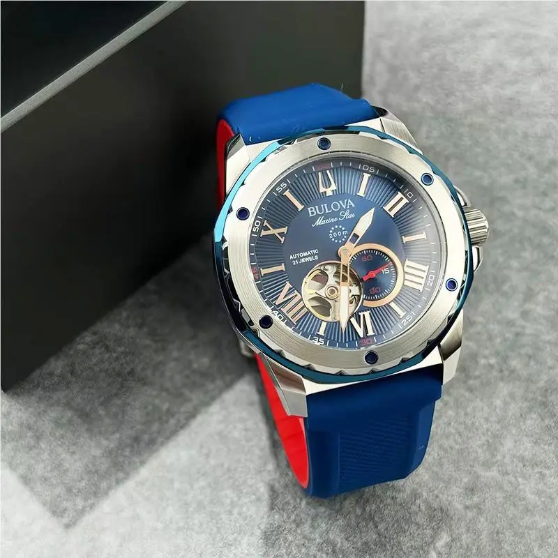 Bulova Marine Star A Men`s Automatic Watch Blue Dial Silicone Strap 45MM 98A282