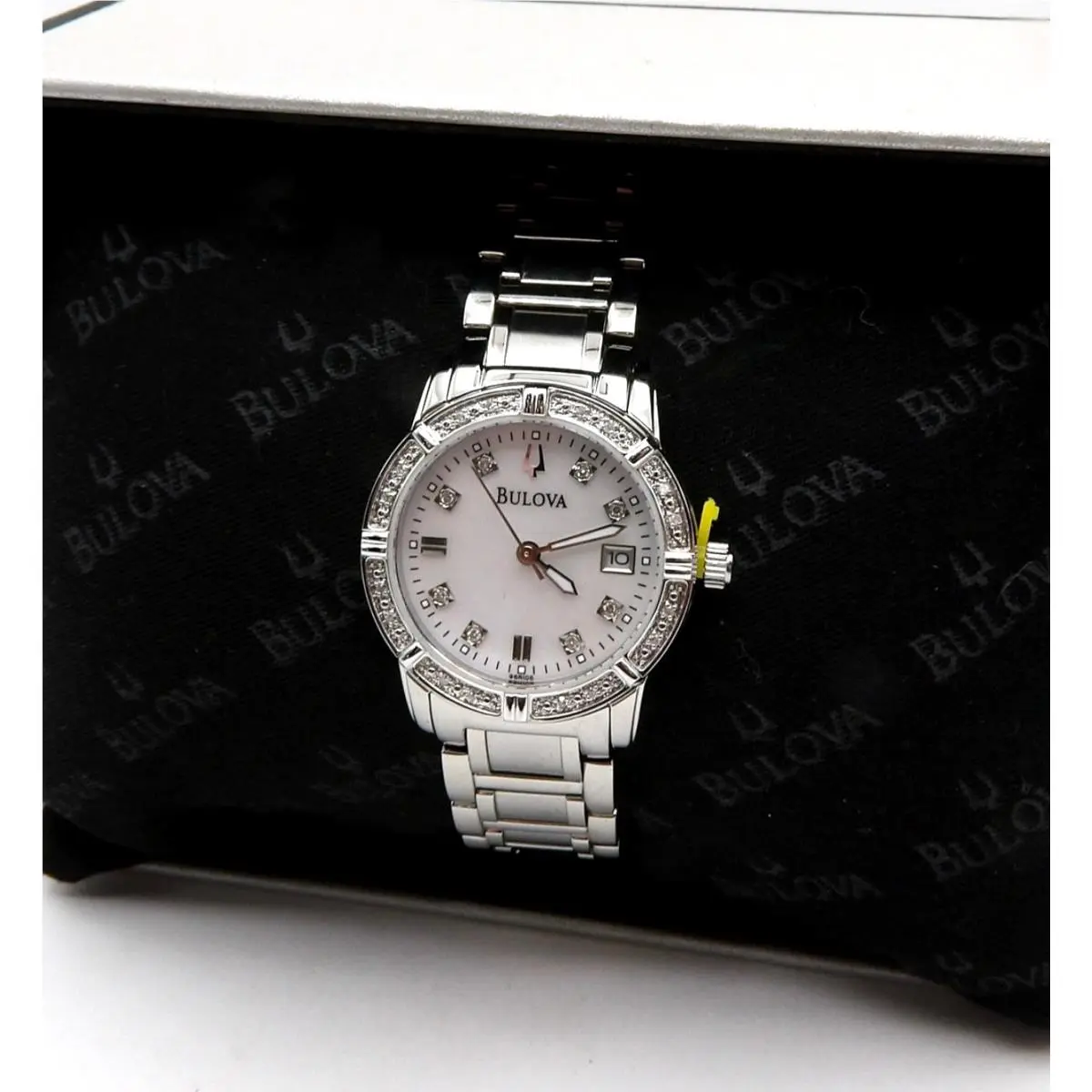 Bulova Sutton Diamond Bezel Dial Watch Women`s Quartz 96R105 Silver