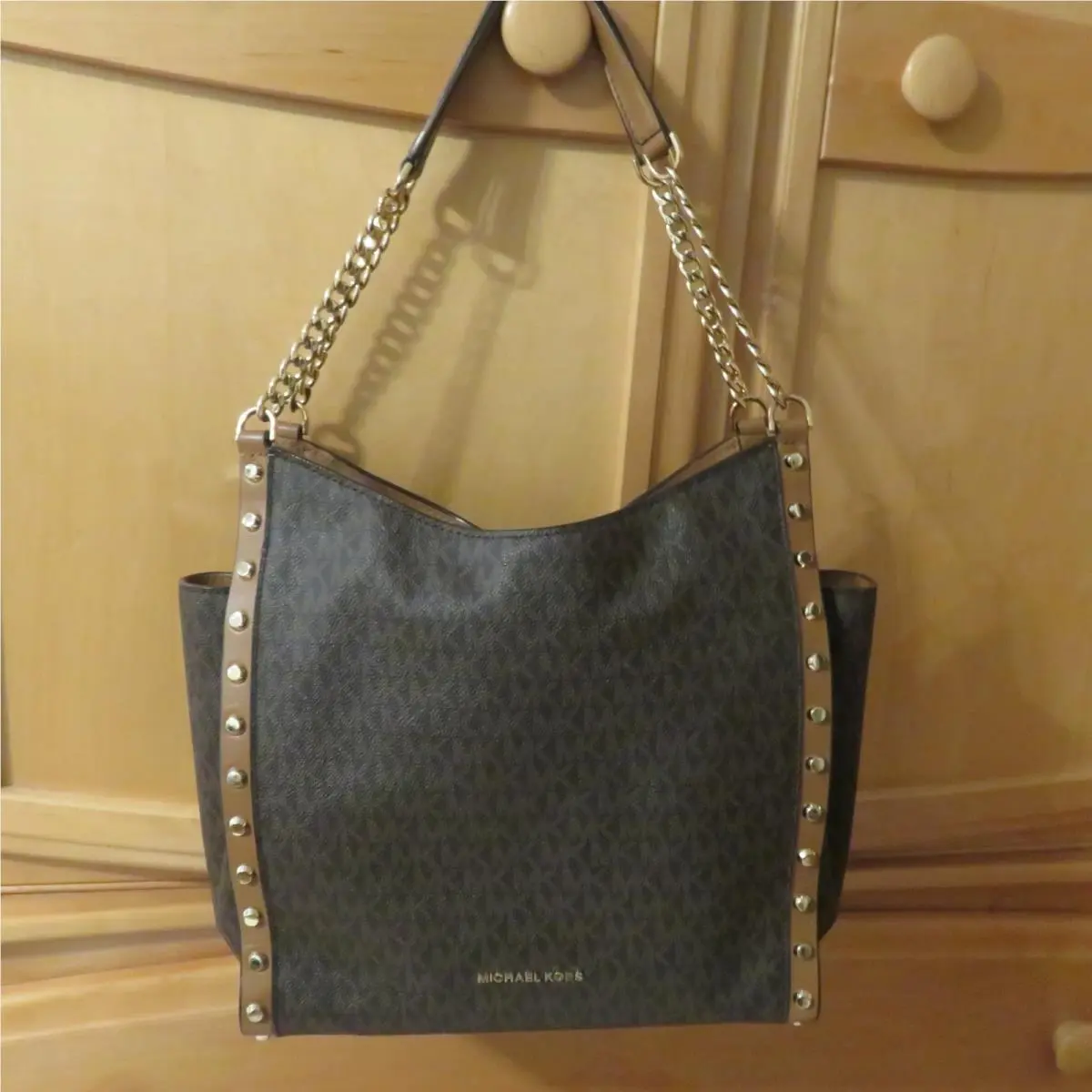 Michael Kors Bury Md Chain Shoulder Tote Brown Gold Studs with Wallet