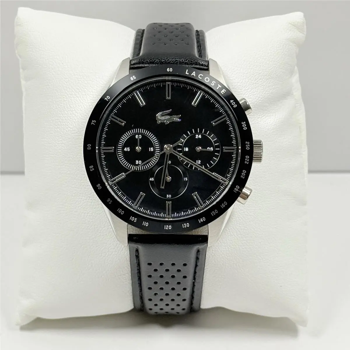 Lacoste Boston 2011109 Black Dial Chronograph Black Leather Band Men’s Watch