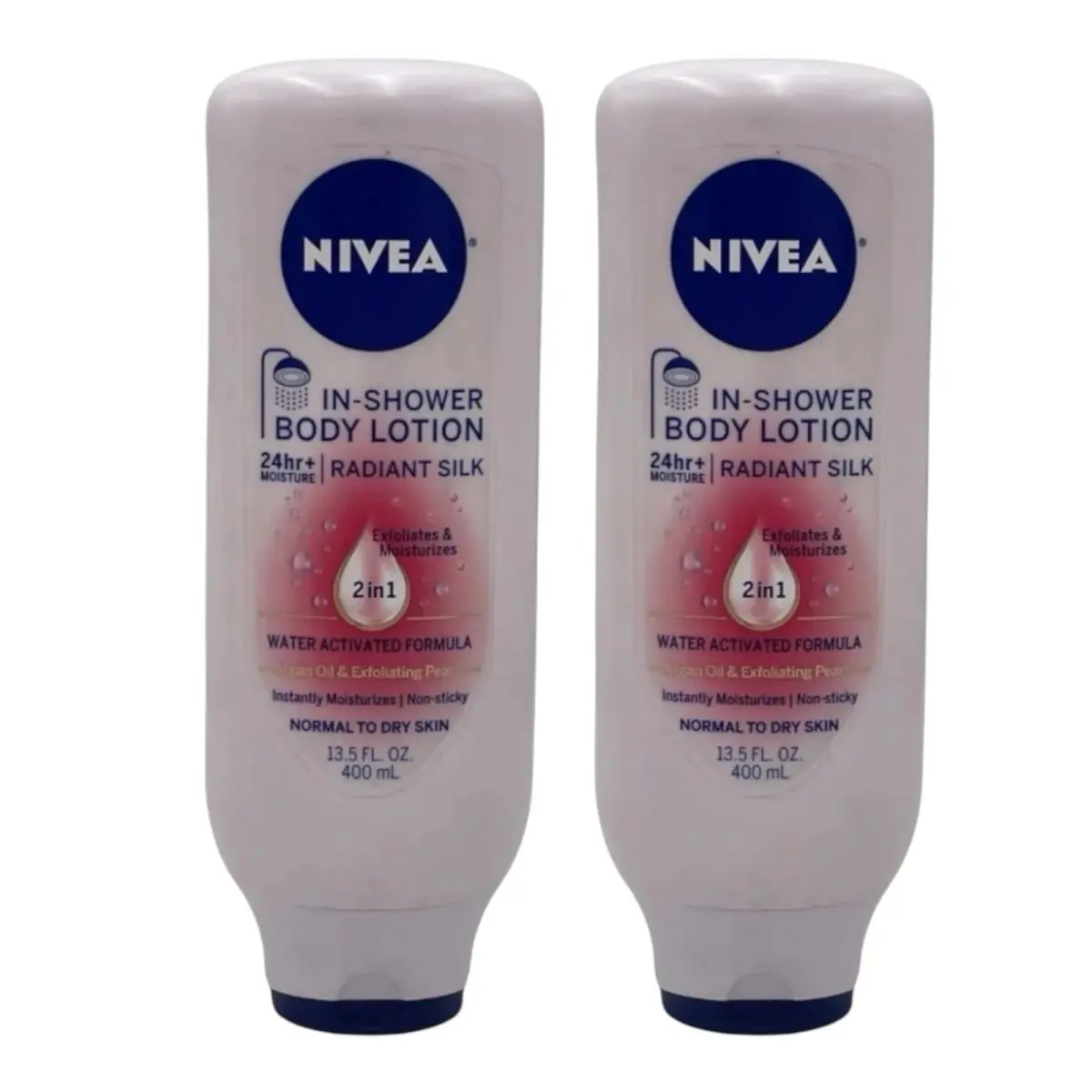 2 Pack  In Shower Body Lotion Radiant Silk Exfoliate Moisturize 13.5 oz by Nivea