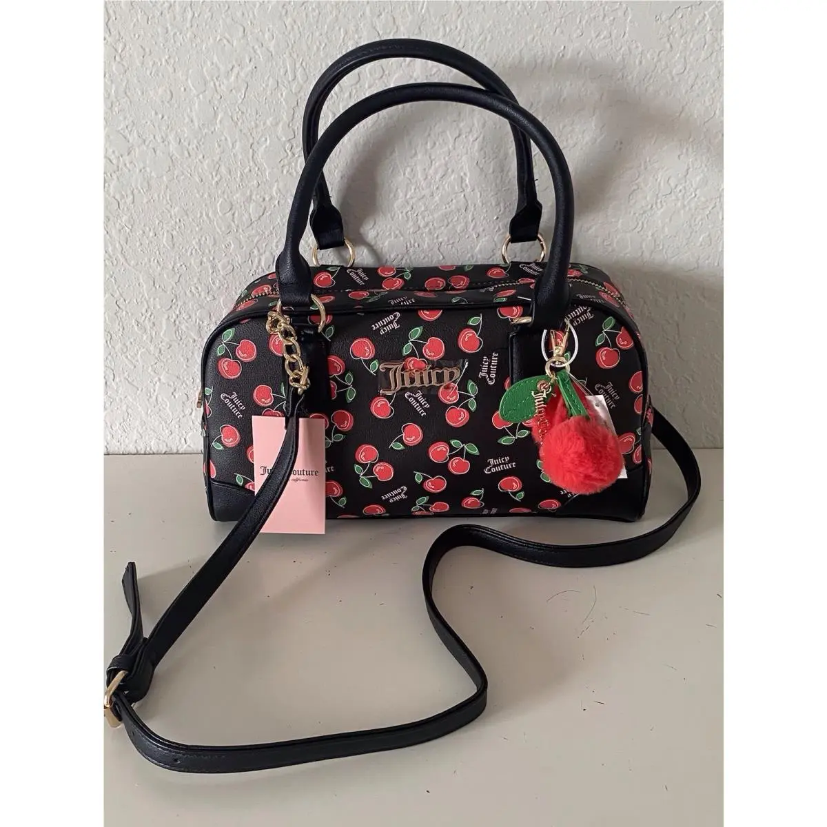 Juicy Couture Cherry Girl Satchel Black Red Purse Bag Crossbody W/charm
