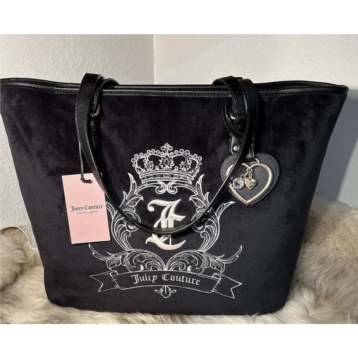 Juicy Couture Black Velour Tote Bag Heart Charm Y2K Crown Crest Large Purse