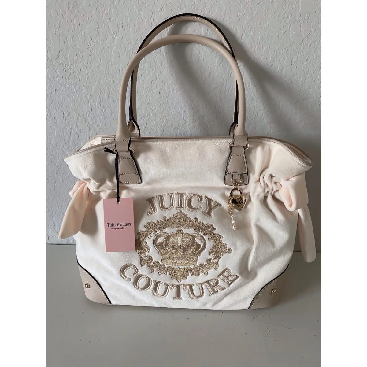Juicy Couture Falling For Juicy Tote Bag Purse Velour Bows Soft White
