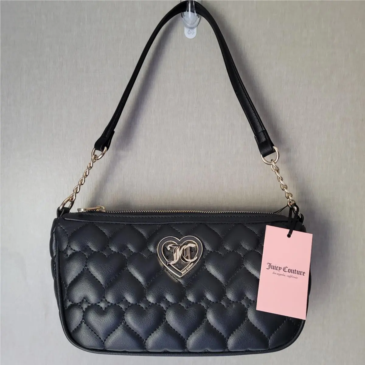 Juicy Couture Black Quilted Heart Shoulder Bag Rhinestone Logo Coquette