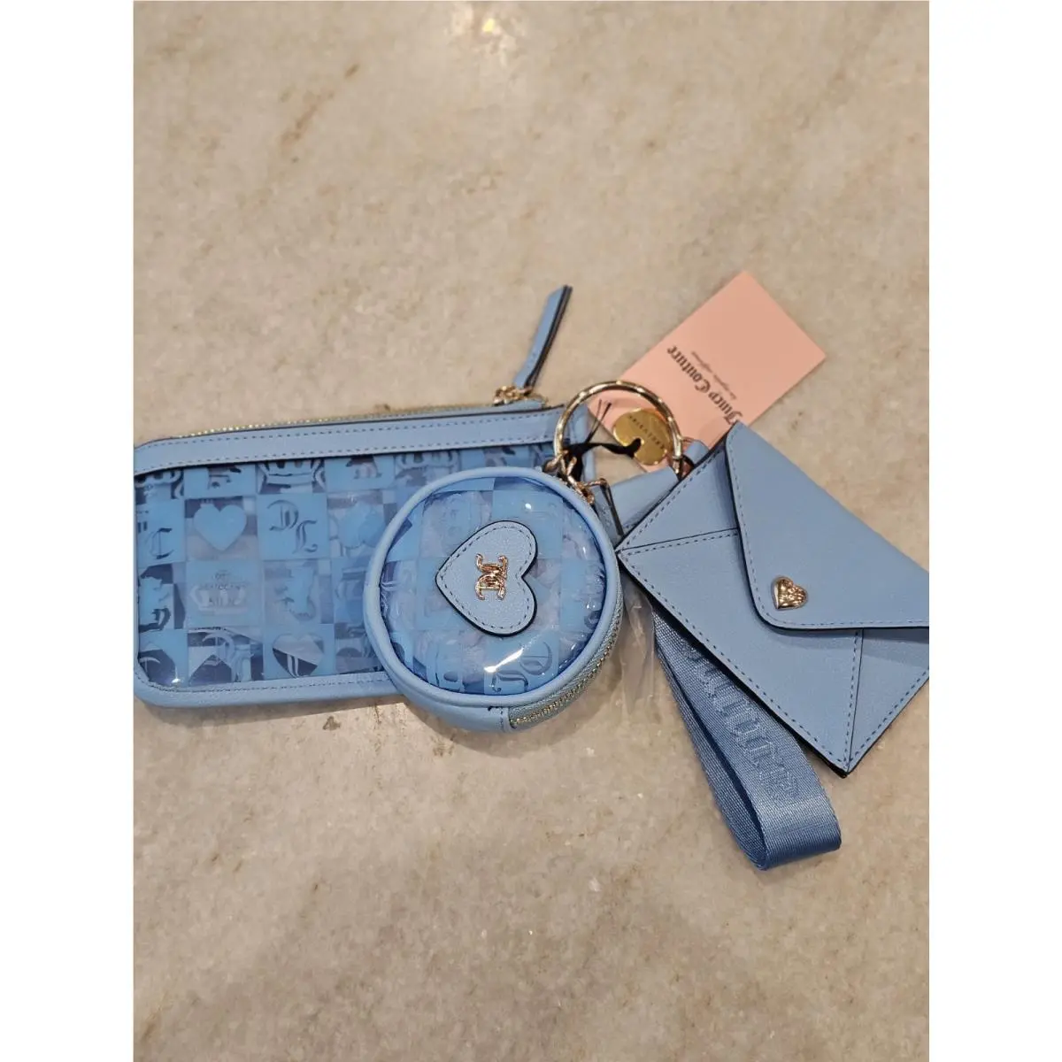 Juicy Couture Light Blue Clutch Logo Gold Hardware Wristlet Bag Charm Zip Women