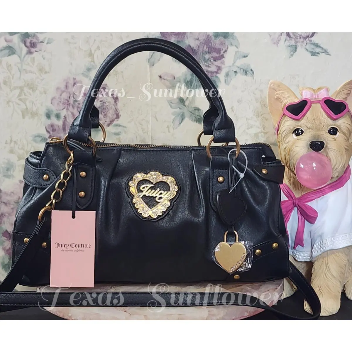 Juicy Couture In Her Juicy Era Black Liquorice Crossbody Satchel Bag Heart Charm
