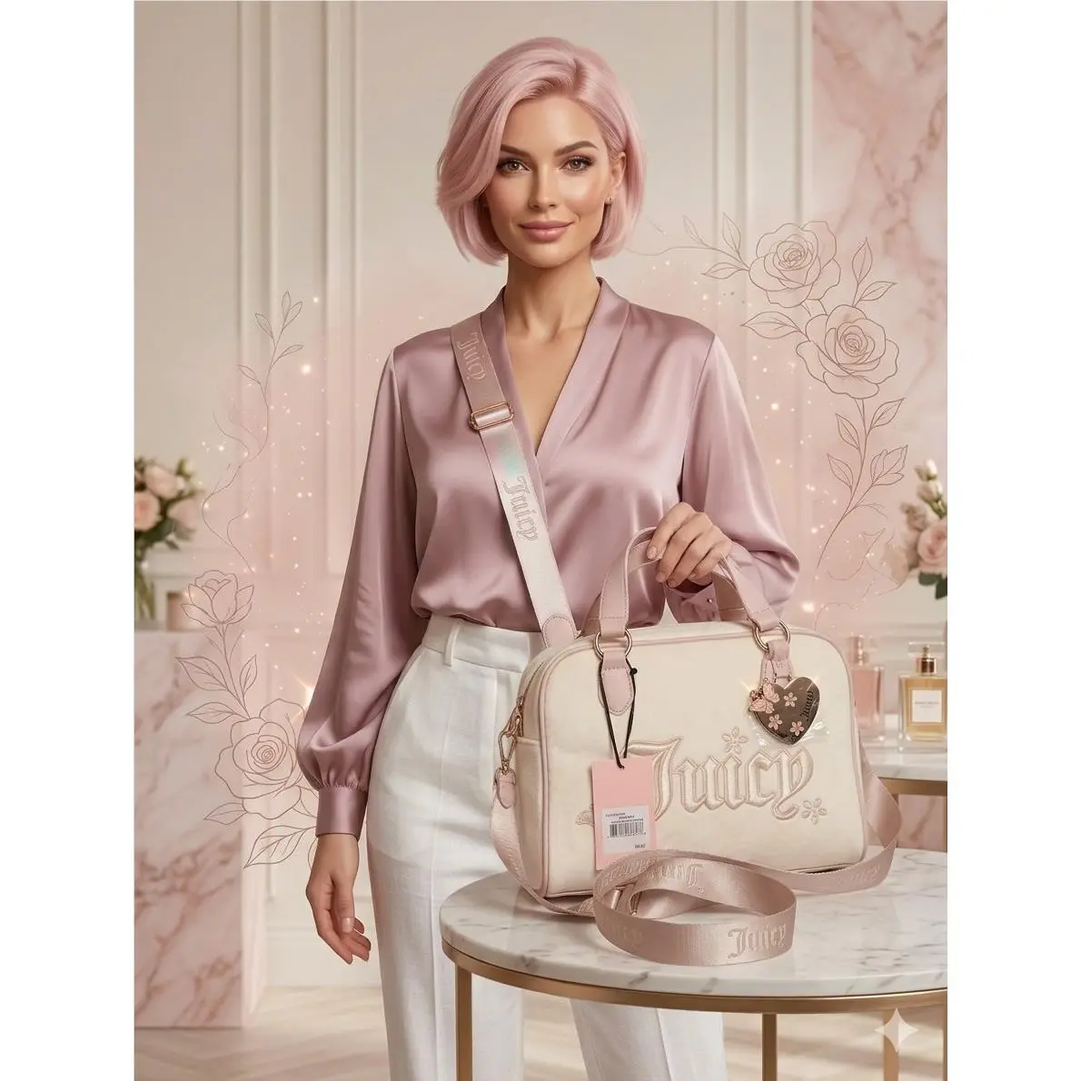 Beige Satchel Large Y2K Crown Embroidered Handbag by Juicy Couture