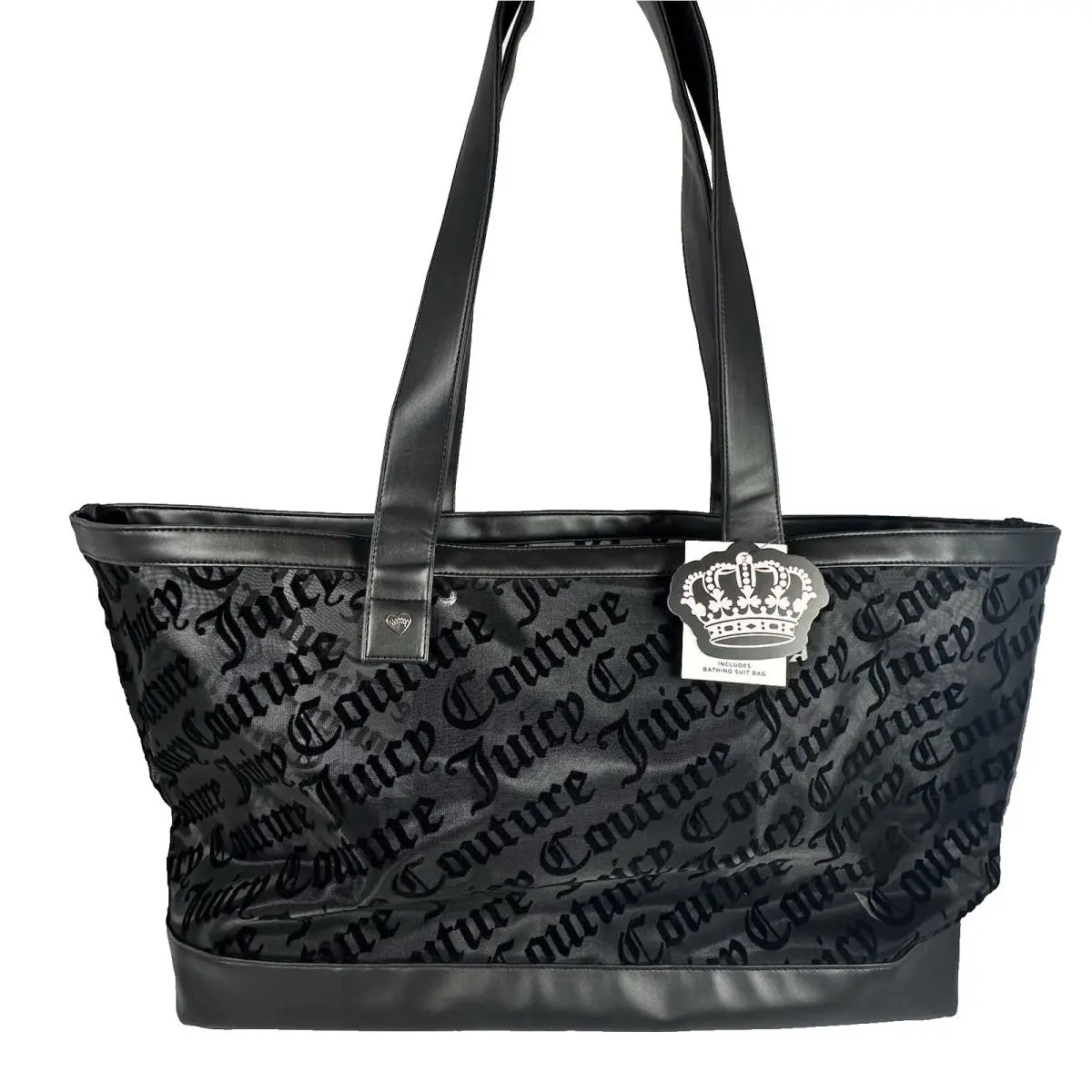 Juicy Couture Black Mesh Logo Beach Tote Bag W/ Zip Bathing Suit Pouch Goth