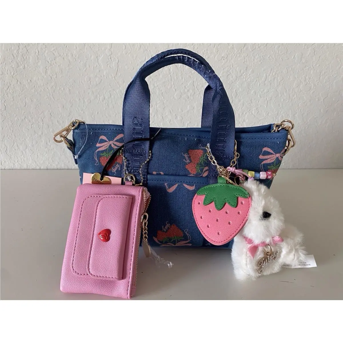 Juicy Couture Strawberry Festival Mini Tote Bag Denim Multi W/coin Purse Charm