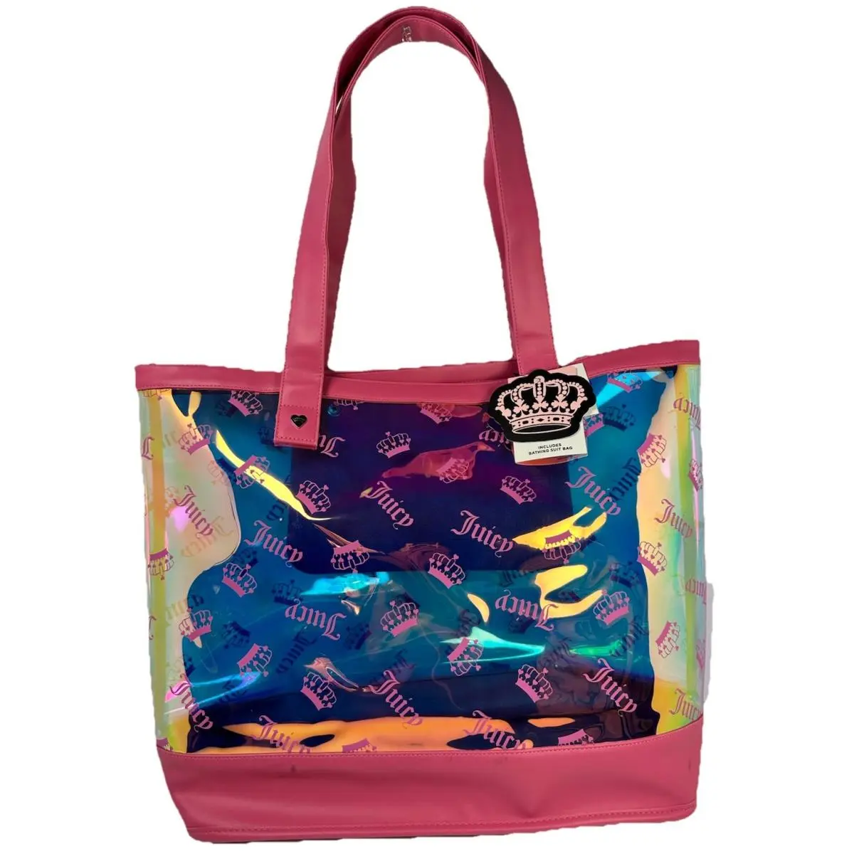 Juicy Couture Beach Tote Bag Pink Holographic Clear Crown Logo w Pouch