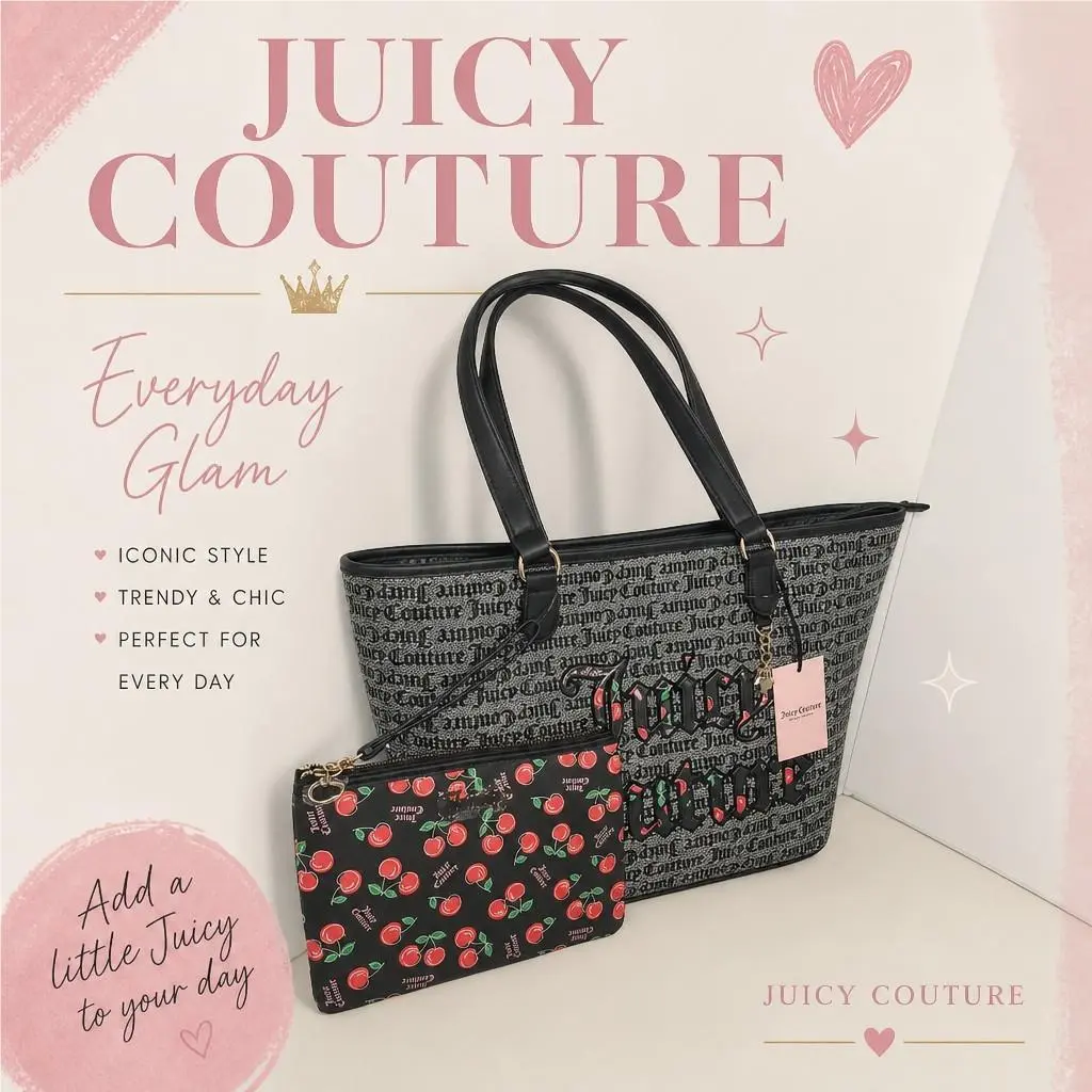 Juicy Couture Y2K Vintage Black Embroidered Tote Bag with Heart Charm Pouch