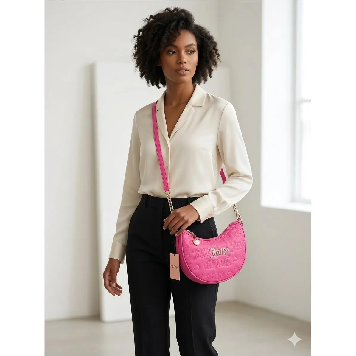 Juicy Couture Shoulder Crossbody Bag Pink Embossed Crescent Rhinestone Purse
