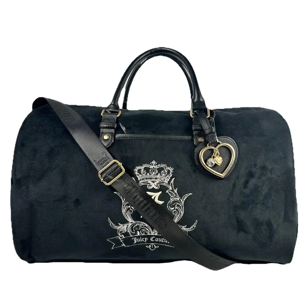 Juicy Couture Weekender Duffel Velour Bag Black Velvet Travel Tote Heart Charm