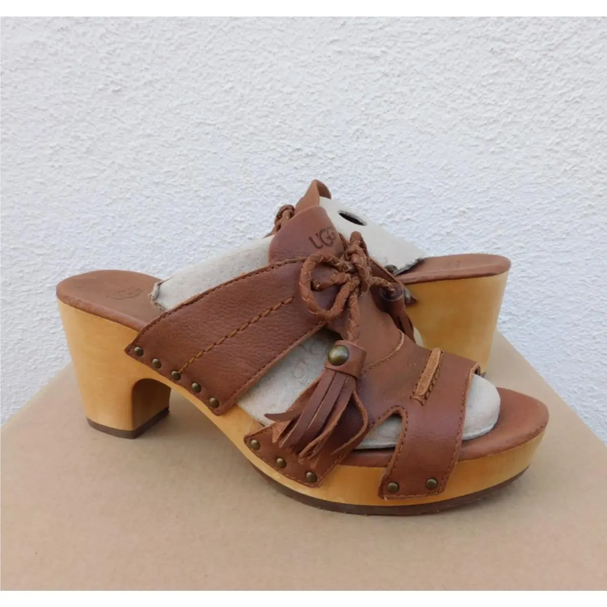 Ugg Shaelyn Brown Leather Tassel 3 Clogs Sandals Heels Women US 6/ Eur 37