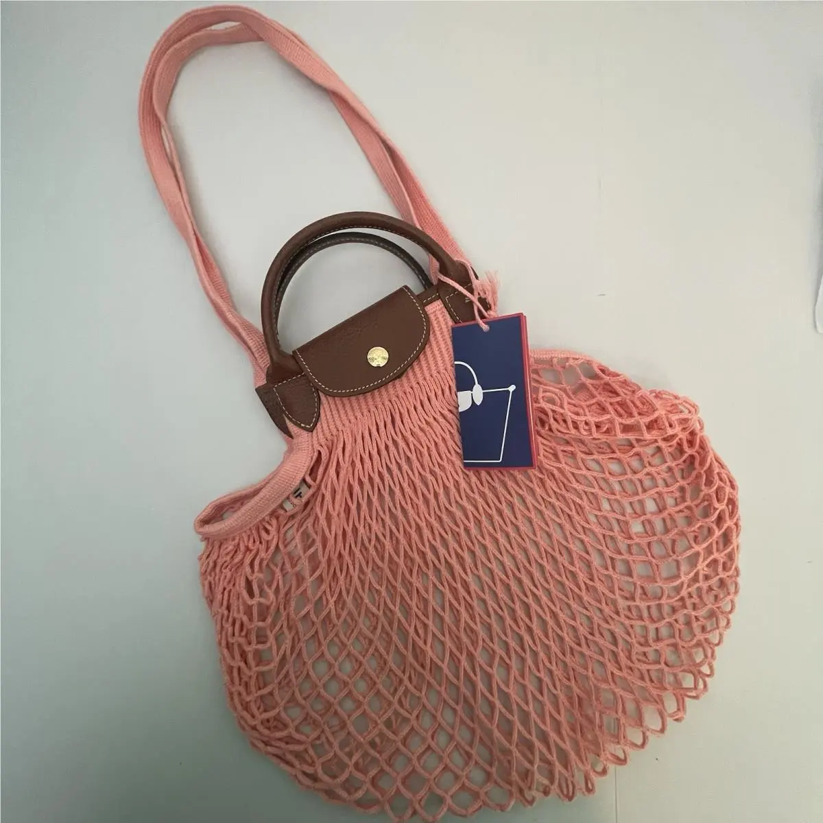 Longchamp Filet Large Le Pliage Blush Pink Peach Tote Bag Nautical Beach