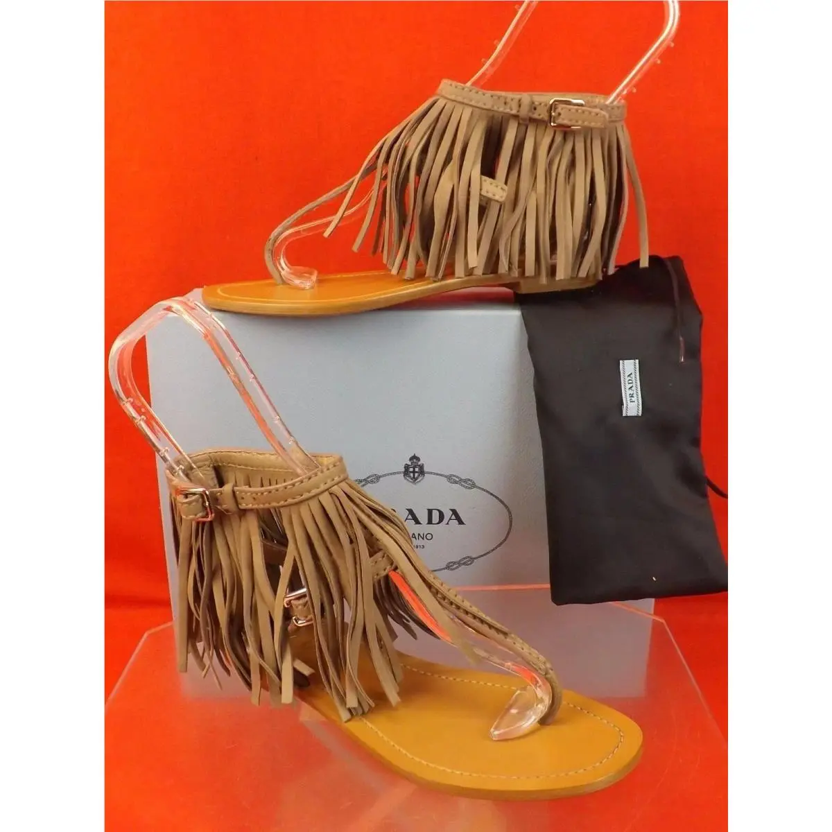 Prada 1Y703F Beige Suede Fringe Trimmed Double Buckle Thong Flat Sandals 36
