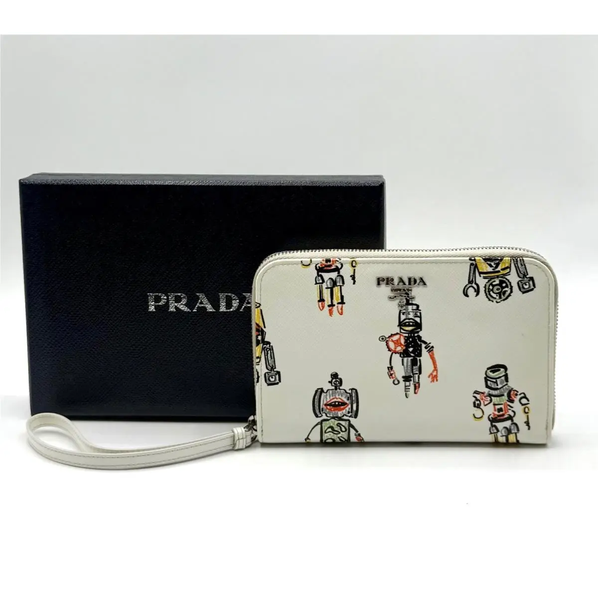 Prada Women White Leather Zip Around Wallet W/robot Print 1ZH030 F0009