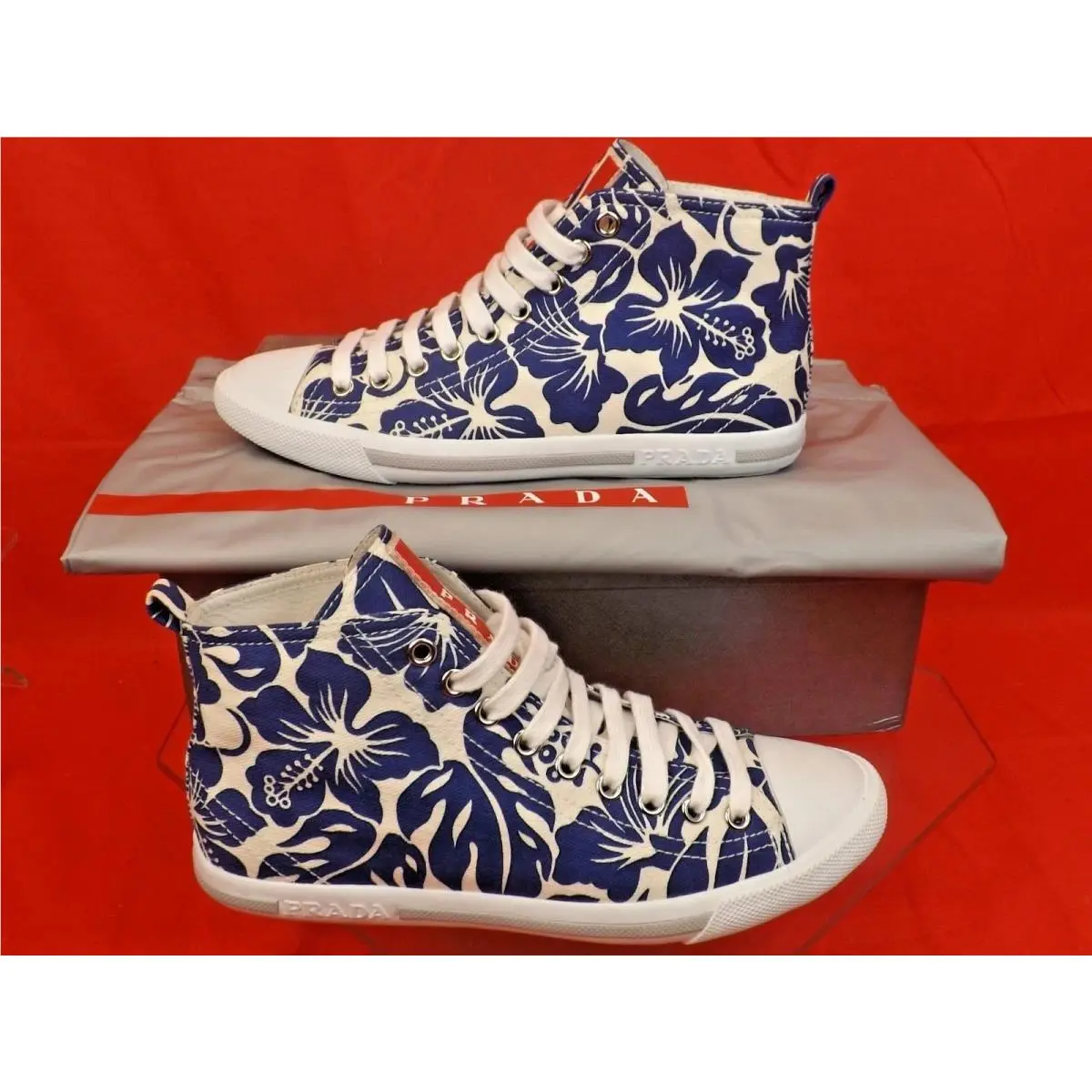 Prada 3T5731 White Blue Floral Denim Leather Canvas High Top Sneakers 35.5