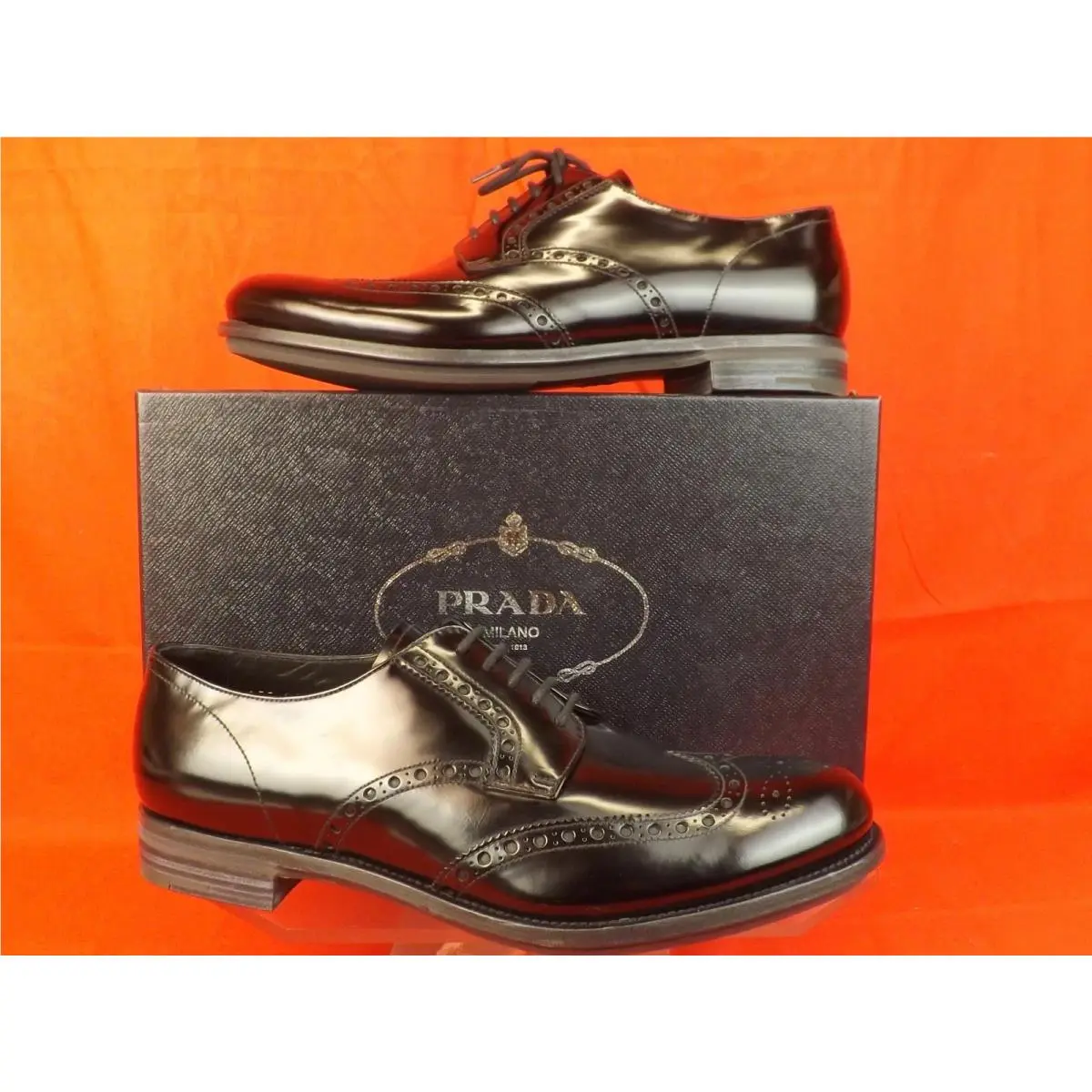 Prada 2EE061 Black Patent Leather Lace UP Wingtip Perforated Oxfords 10 Ital
